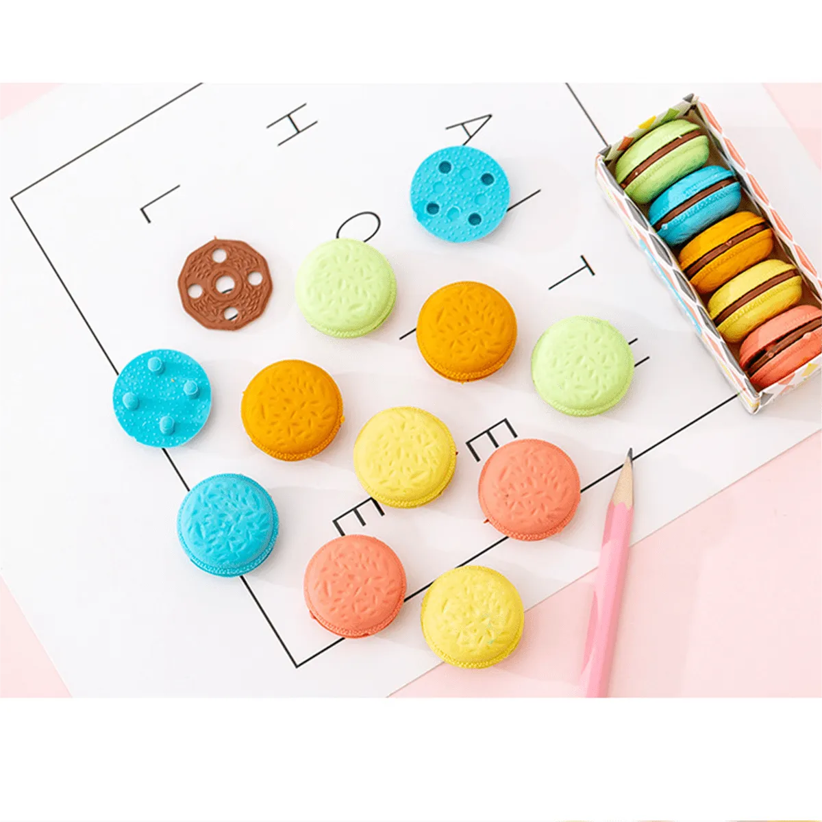 5pcs Creative Macaron Sandwich Biscuit Shaped Erasers, Cute Simulation Biscuit Erasers For Students' Study
