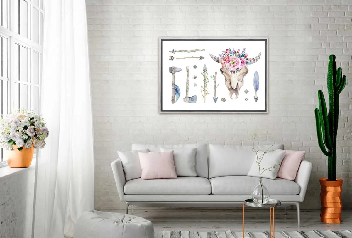 Boho Floral Skull & Arrows | Canvas Wall Art Print