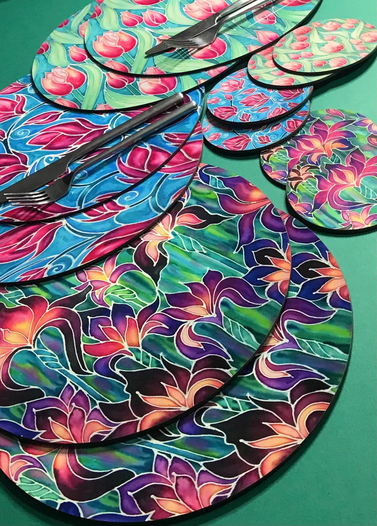 Mixed Set of 6 Flowers Table Mats and Coasters - Irises Placemats & Coasters -  Pink Green Purple Table Mats