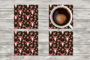 Pink Bow Western Bull Square Neoprene Coasters - Set of 4
