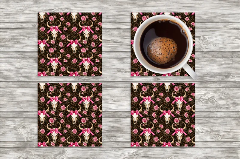 Pink Bow Western Bull Square Neoprene Coasters - Set of 4