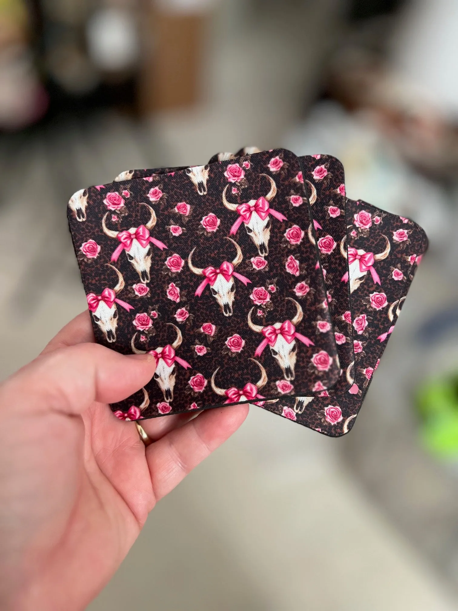 Pink Bow Western Bull Square Neoprene Coasters - Set of 4