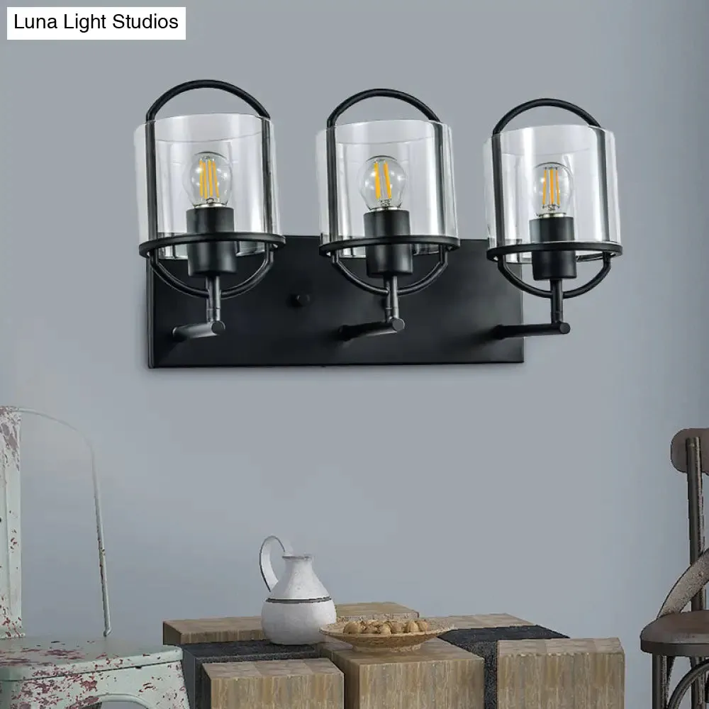 Retro Style Clear Glass Wall Light with Black Cylinder Shades - 3 Heads, Oval Frame Design