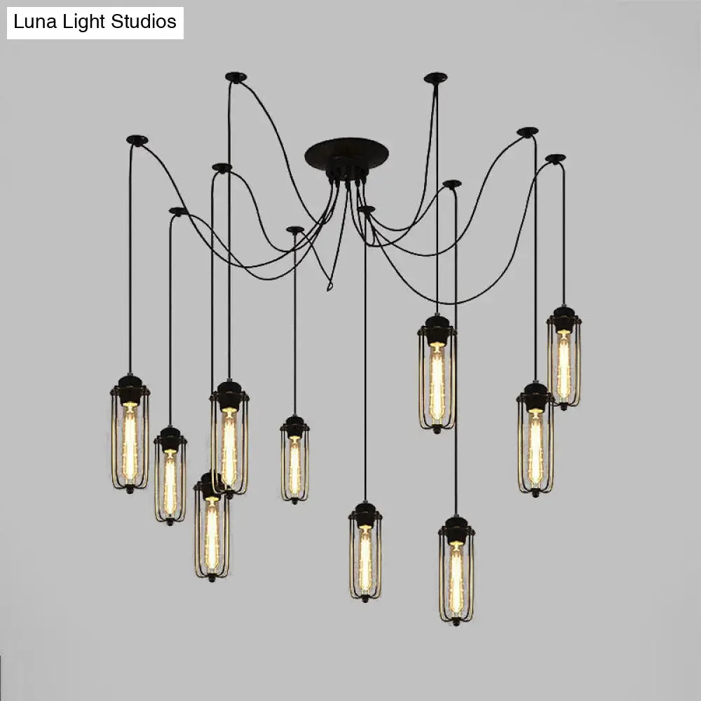Vintage Swag Pendant Light with Adjustable 10-Head Metal Cage Shade - Black Hanging Lamp for Dining Room