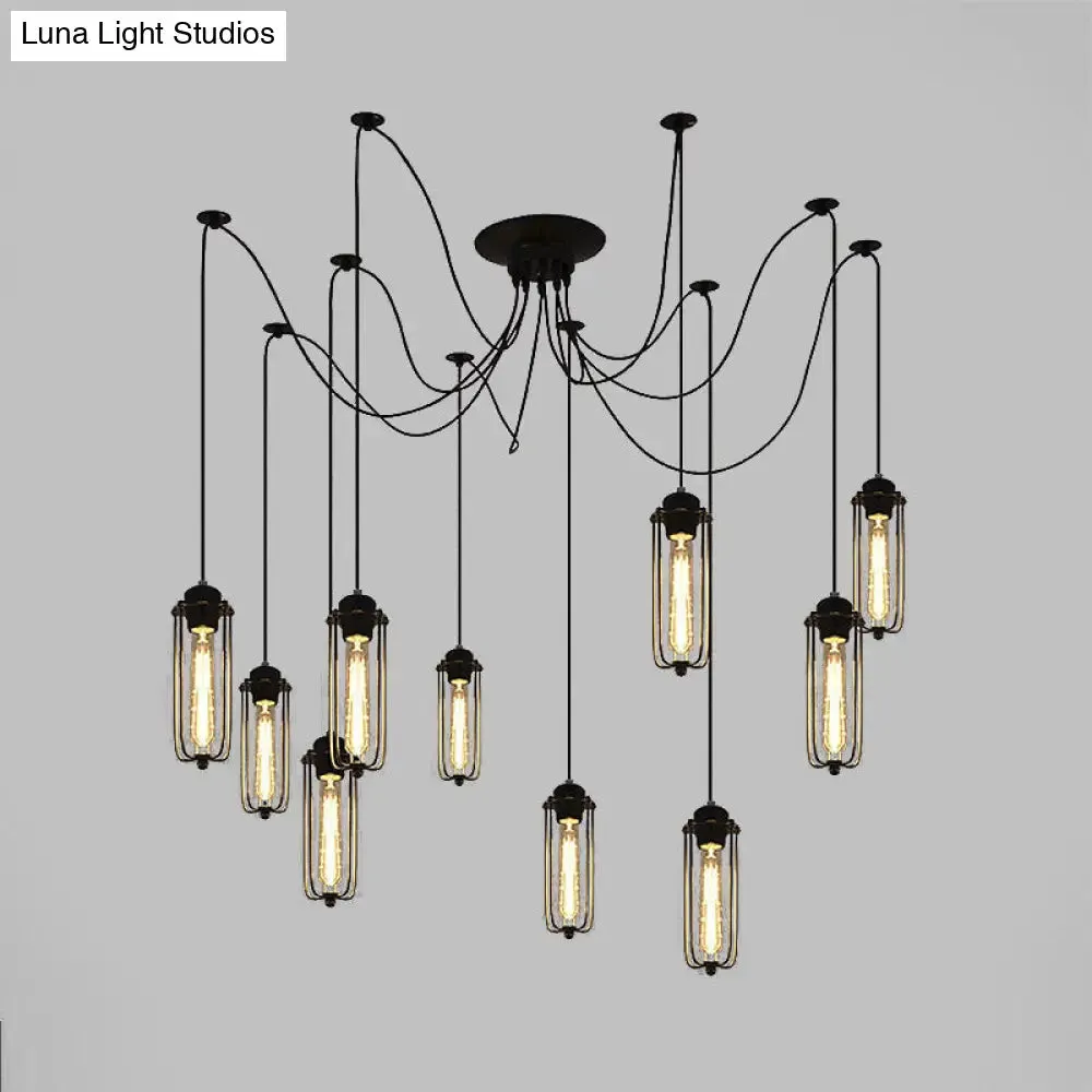 Vintage Swag Pendant Light with Adjustable 10-Head Metal Cage Shade - Black Hanging Lamp for Dining Room